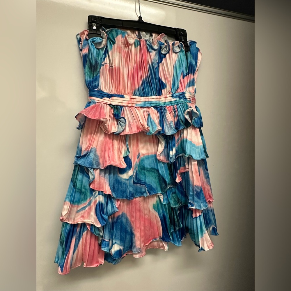 AMUR Jayda Pleated Shell  Strapless Ruffle Dress. Get ready for spring & Summer - Picture 4 of 15